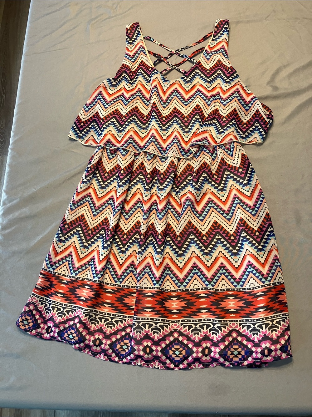 Speechless Multicolor Chevron & Aztec Casual Dress with Crisscross Back